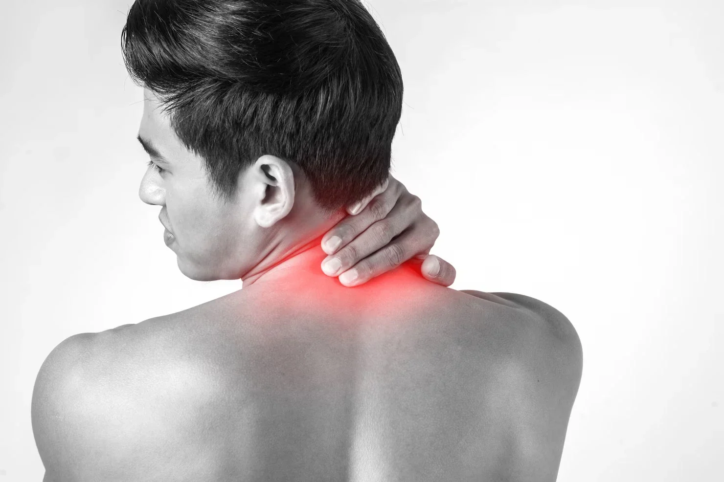 muscular man use handles neck relieve pain isolated white background