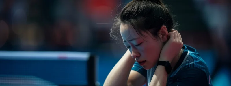 A woman in sportswear sits next to a tennis table, looking down with her hands touching her neck pain